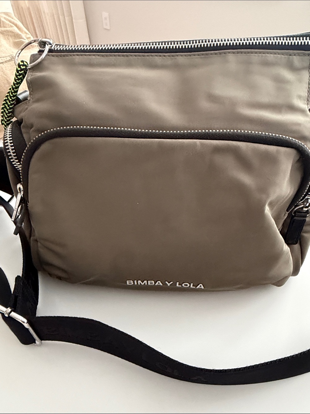 Bimba y Lola Olive Nylon Messenger Bag with Black Strap